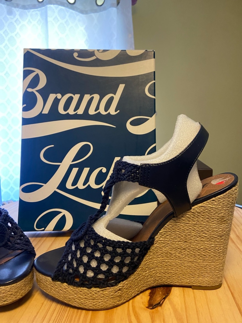 Lucky brand size 10 macramé, espadrille , wedge heel color is Moroccan blue